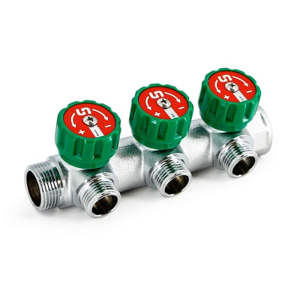 Коллектор НВ 3/4"x1/2" (с вентилями, под плоскую прокладку, 90гр, м/ц 45мм, хром.) 3 выхода UNI-FITT