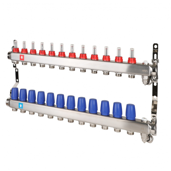 Коллекторная группа (с расходомерами, дренажным краном и воздухоотводчиком) 8 выходов 1"х3/4"ЕК MVI