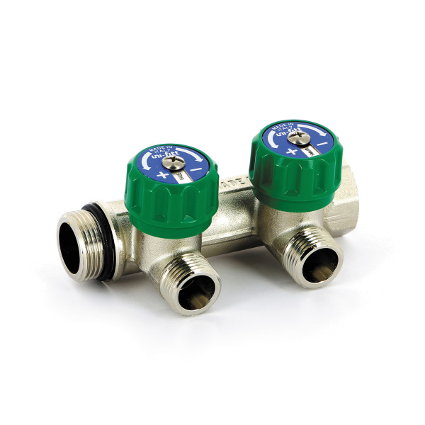 Коллектор НВ 3/4"x1/2" (с вентилями, 90 гр., м/ц 50мм, никел.) 2 выхода UNI-FITT