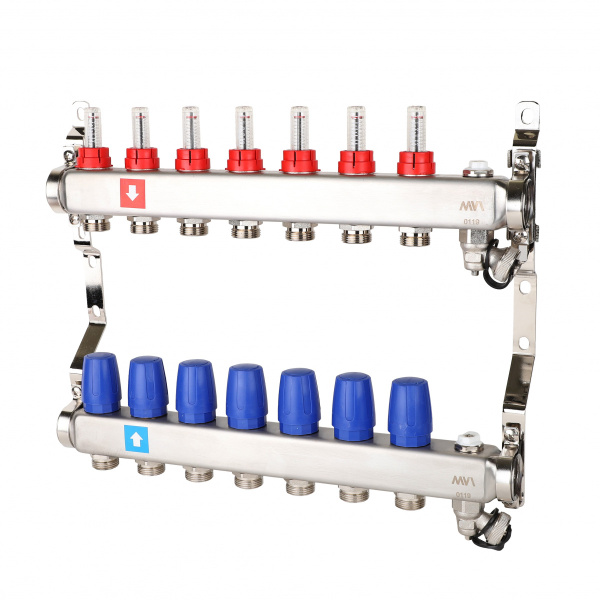 Коллекторная группа (с расходомерами, дренажным краном и воздухоотводчиком) 7 выходов 1"х3/4"ЕК MVI
