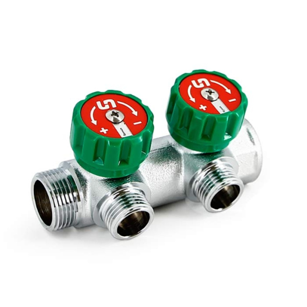 Коллектор НВ 3/4"x1/2" (с вентилями, под плоскую прокладку, 90гр, м/ц 45мм, хром.) 2 выхода UNI-FITT