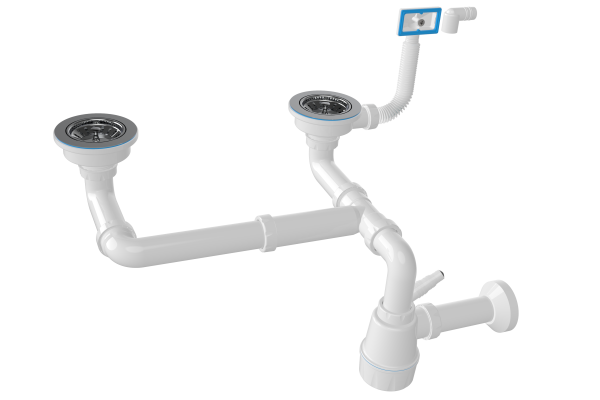Сифон 3 1/2" для мойки двойной разноуров. с переливом, с отводом для стирал машины NOVA Plastic