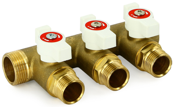 Коллектор НВ 3/4"x1/2" (с кранами, м/ц 40мм, латунь) 4 выхода UNI-FITT
