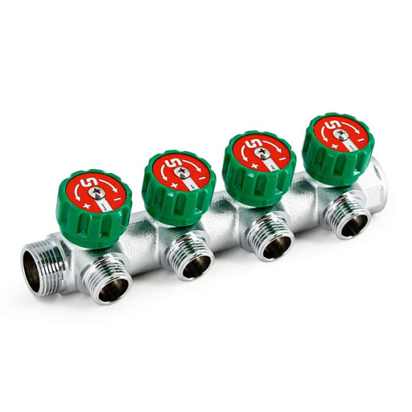 Коллектор НВ 3/4"x1/2" (с вентилями, под плоскую прокладку, 90гр, м/ц 45мм, хром.) 4 выхода UNI-FITT