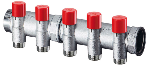 Коллектор 1" запорный проходной, 2 отвода 1/2" ЕК FAR