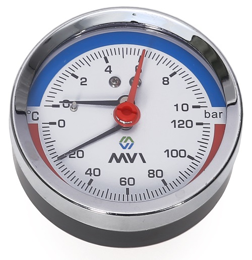 Термоманометр аксиальный 10 бар (диаметр 80 мм, 120°С, 1/2") MVI