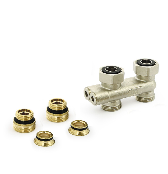 Узел прямой перекрёстный НВ 3/4х3/4 ЕК радиаторный (со встр. вентилями, c нипп. и адап.) UNI-FITT