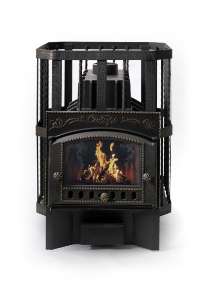 Печь банная чугунная "СИБИРЬ-32" Каминная дверка "Сибирь" (со стеклом) сетка