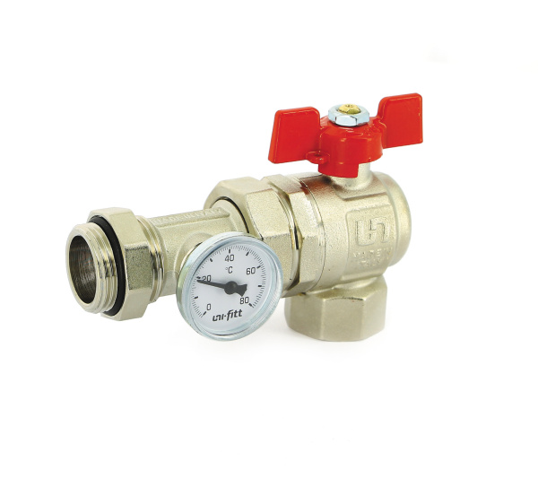 Кран шаровой НВ 1" (угловой) коллекторный с термометром UNI-FITT