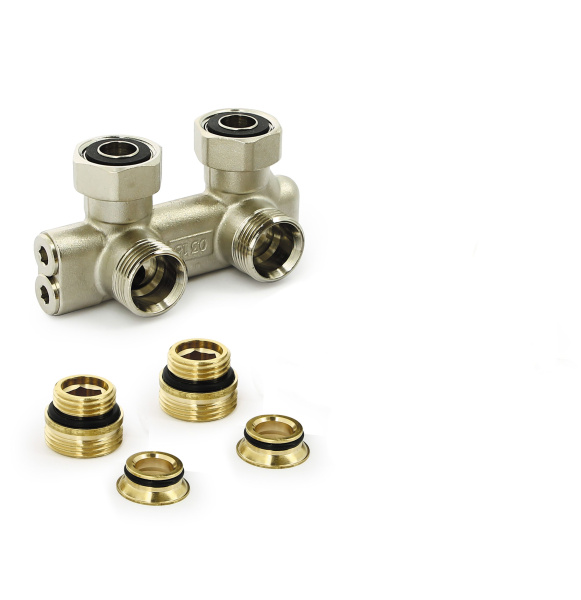 Узел угловой перекрёстный НВ 3/4х3/4 ЕК радиаторный (со встр. вентилями, c нипп. и адап.) UNI-FITT