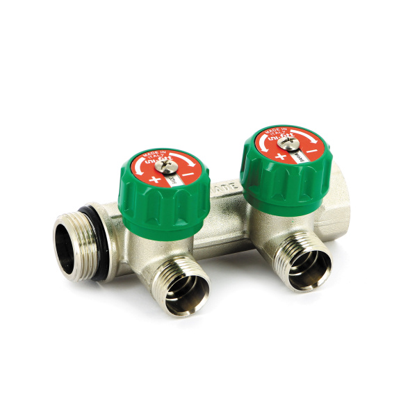 Коллектор НВ 3/4"x1/2" (с вентилями, под плоскую прокладку, 90 гр, м/ц 50мм, ник.) 2 выхода UNI-FITT