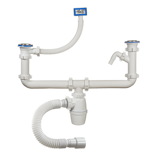 Сифон 1 1/2"x40 двойной с одним отводом, переливом с гиб.тр. 