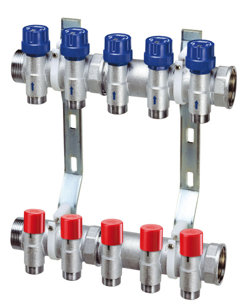 Коллекторный узел 1 1/4", 5 отводов М24х19, сборный, с запорными и обратными вентилями FAR