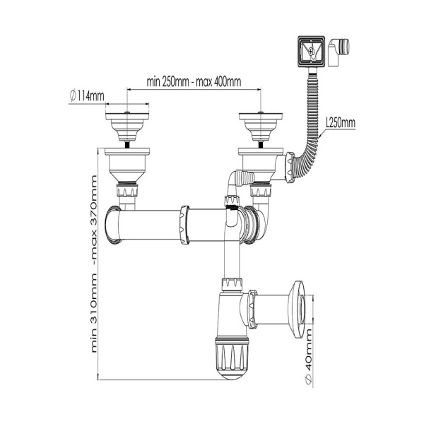 Сифон 3 1/2" для мойки двойной с отводом для стир. машины, выход гиб.труб.11/2* 40/50 NOVA Plastic