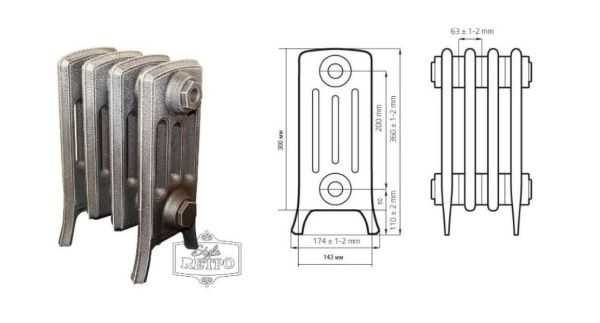 Радиатор чугун RETROstyle DERBY M 4/320  4секции (2 крайние секции)