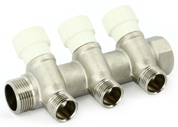 Коллектор НВ 3/4"x1/2" (с вентилями, м/ц 40мм, никел.) 4 выхода UNI-FITT