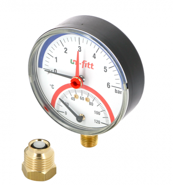 Термоманометр радиальный 10 бар (диаметр 80 мм, 120°С, 1/2") UNI-FITT