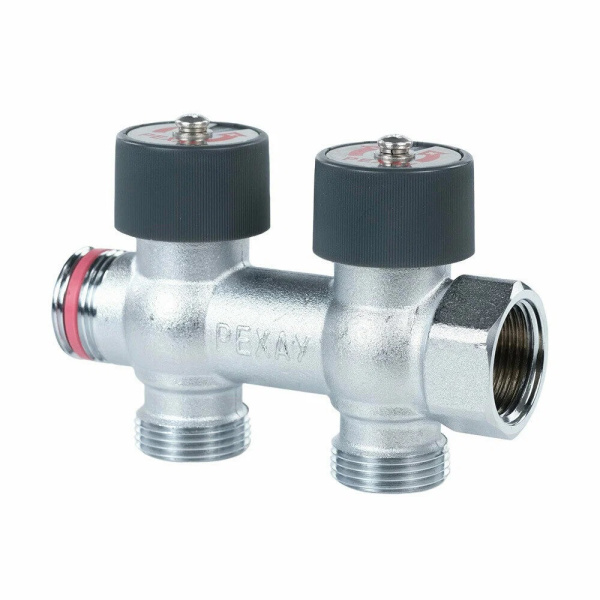 Коллектор НВ 3/4"x3/4" (с вентилями, м\ц 40мм, никел.) 2 выхода REHAU