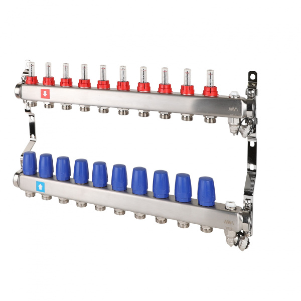 Коллекторная группа (с расходомерами, дренажным краном и воздухоотводчиком) 10 выходов 1"х3/4"ЕК MVI