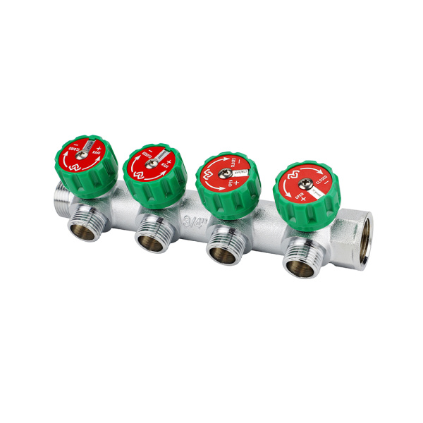 Коллектор НВ 3/4"x3/4" ЕК (с вентилями, 90 гр., м/ц 45мм, хром.) 4 выхода VARMEGA