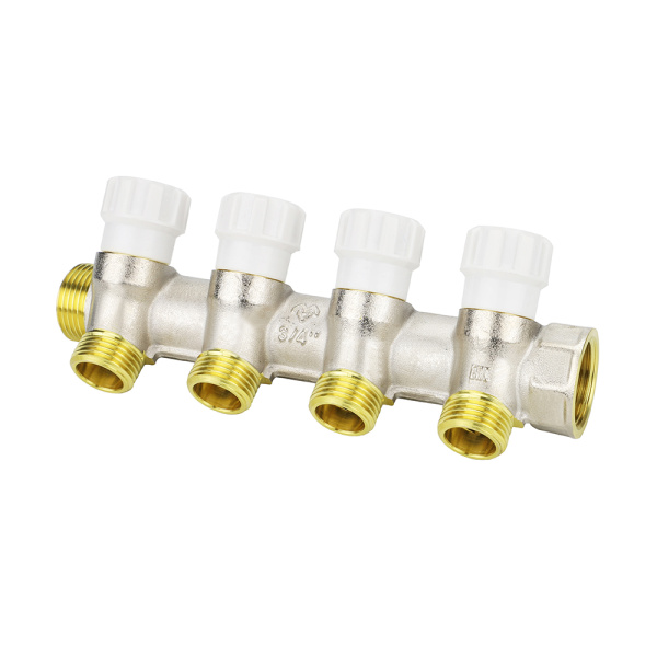Коллектор НВ 3/4"x1/2" (с вентилями, м/ц 40мм, никел.) 4 выхода VARMEGA