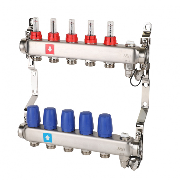 Коллекторная группа (с расходомерами, дренажным краном и воздухоотводчиком) 5 выходов 1"х3/4"ЕК MVI