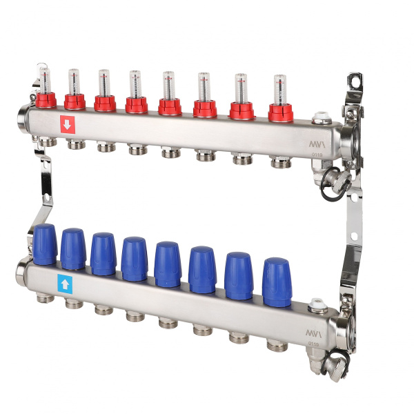 Коллекторная группа (с расходомерами, дренажным краном и воздухоотводчиком) 8 выходов 1"х3/4"ЕК MVI