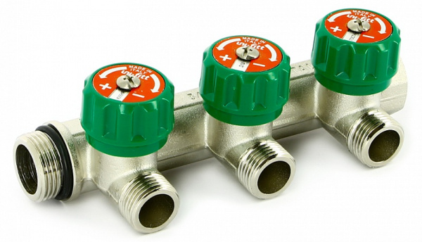 Коллектор НВ 3/4"x1/2" (с вентилями, под плоскую прокладку, 90 гр, м/ц 50мм, ник.) 3 выхода UNI-FITT