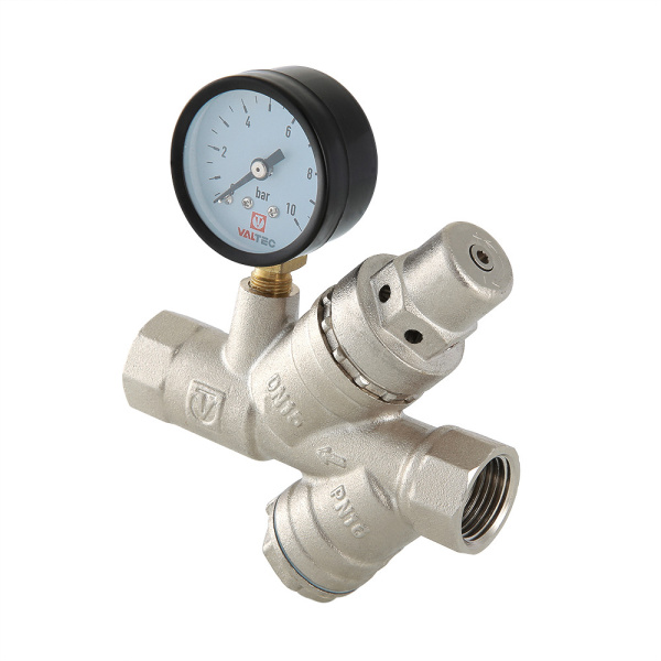 Клапан подпиточный 1/2" ВВ (никел.) с фильтром и манометром VALTEC