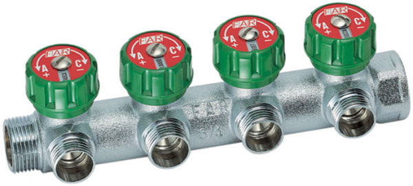 Коллектор регулирующий проходной MULTIFAR 3/4", 4 отвода, резьба на отводах 1/2" под плоск. FAR