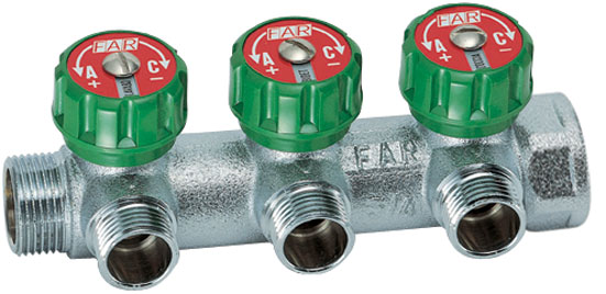 Коллектор регулирующий проходной MULTIFAR 1", 3 отвода, резьба на отводах 1/2" ЕК FAR