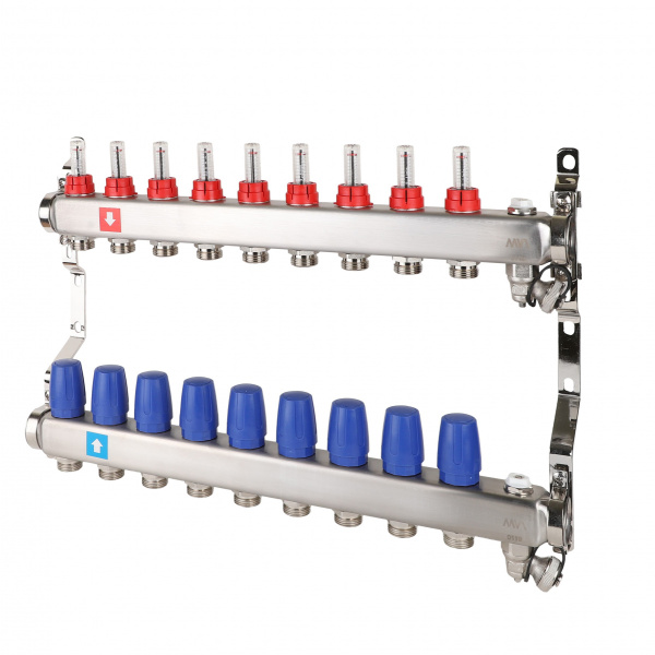 Коллекторная группа (с расходомерами, дренажным краном и воздухоотводчиком) 9 выходов 1"х3/4"ЕК MVI