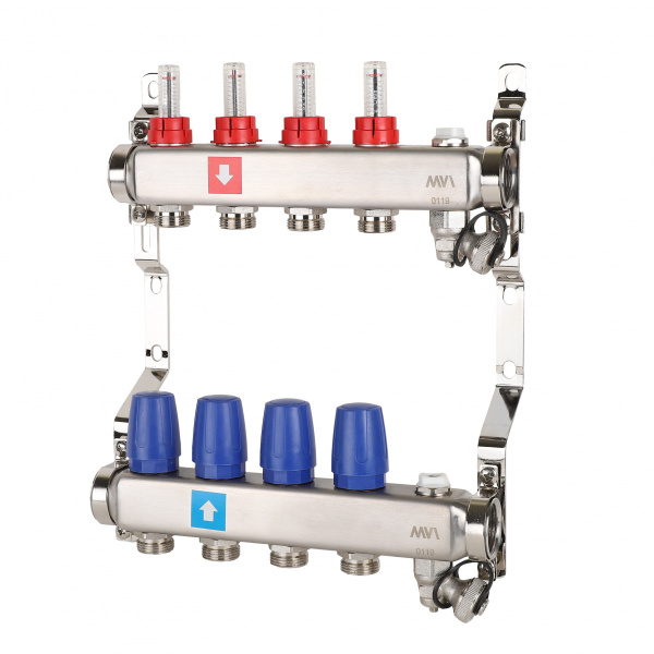 Коллекторная группа (с расходомерами, дренажным краном и воздухоотводчиком) 4 выхода 1"х3/4"ЕК MVI