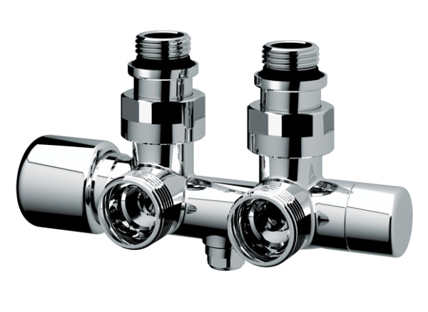 Узел Н-образный НР 3/4" ЕК - 1/2" НР (угловой) с термостатическим и запорным клапанами, серебро FAR