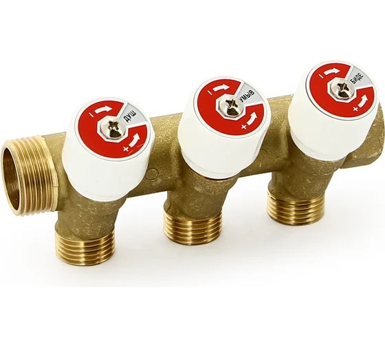 Коллектор НВ 3/4"x1/2" (с вентилями, м/ц 40мм, латунь) 3 выхода UNI-FITT